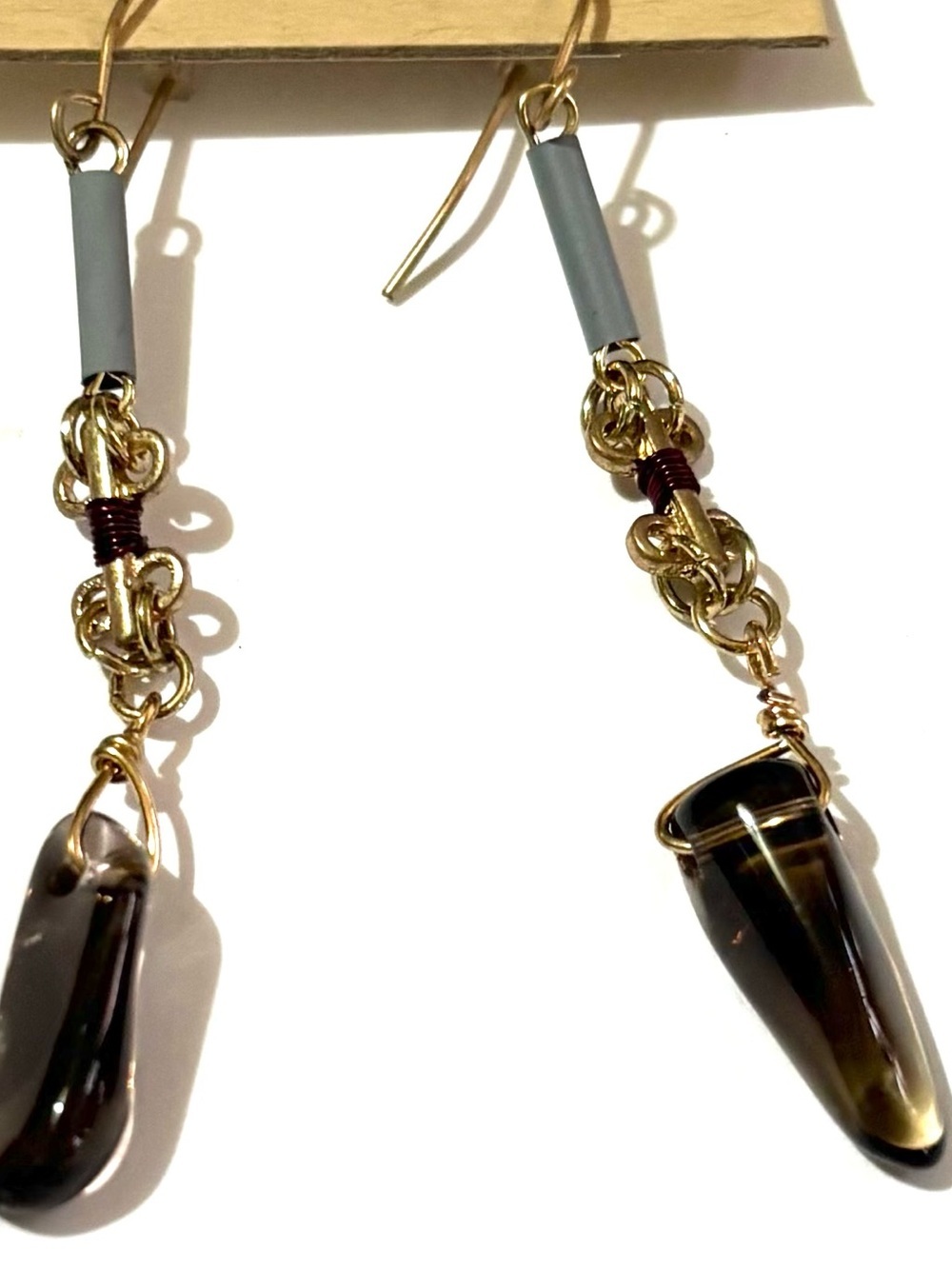 Gold Tone Dangle Earrings with Smoky Gray Drops